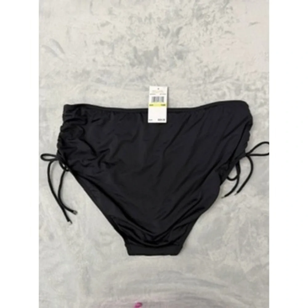 NWT Michael Kors Bikini Bottoms Womens Black High Waist Side Tie Ruched 18W $68